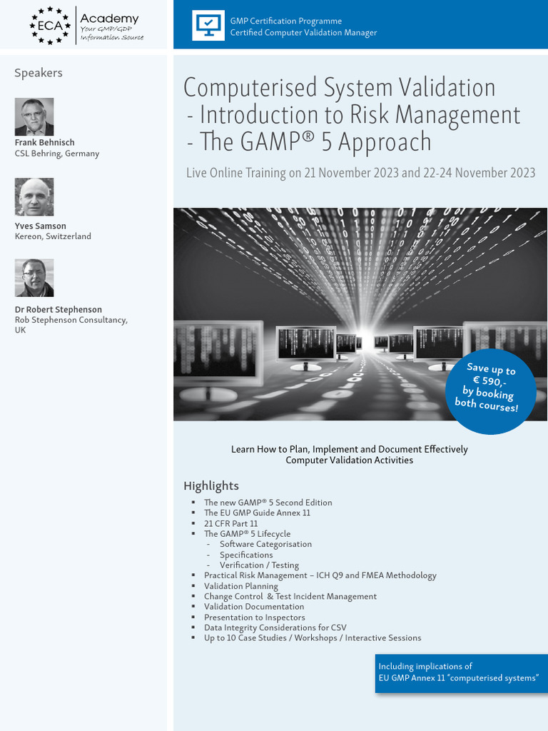 ECA Computerised System Validation GAMP 5 Approach Live Online Training ...