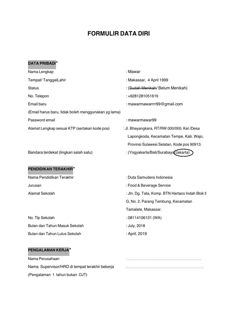 Formulir Data Diri untuk Interview | PDF