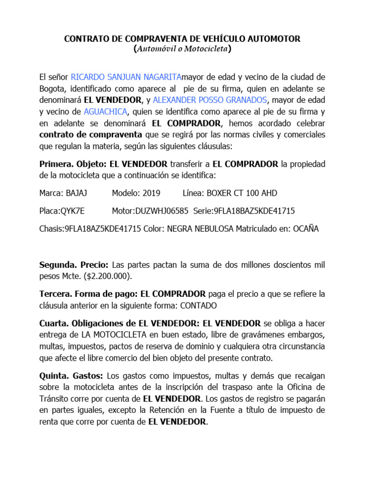 Contrato de Compra Venta de Vehículo - Contractual | PDF | Derecho privado