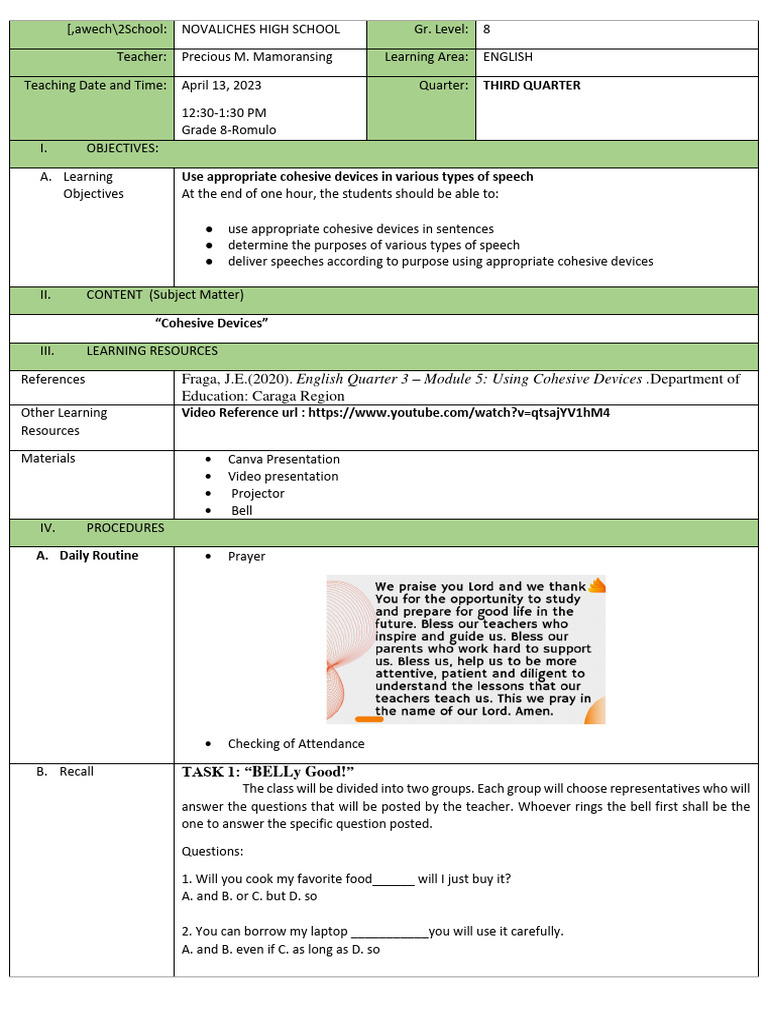 Lesson Plan Cohesive Devices Grade 8 PDF Persuasion Teachers