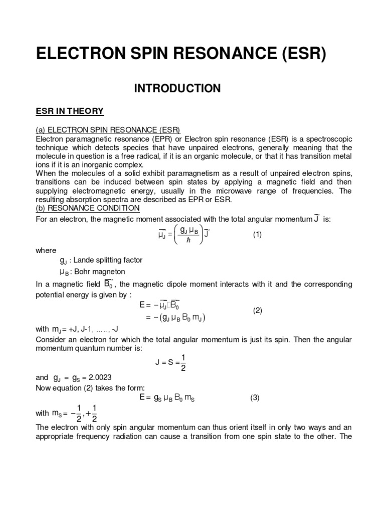 Electron Spin Resonance Experiment Download Free PDF Electron