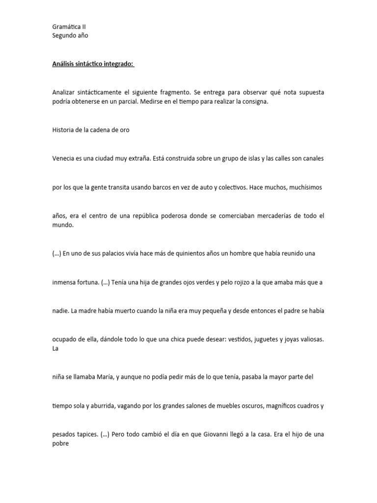 Análisis sintáctico integrado historia de la cadena de oro PDF