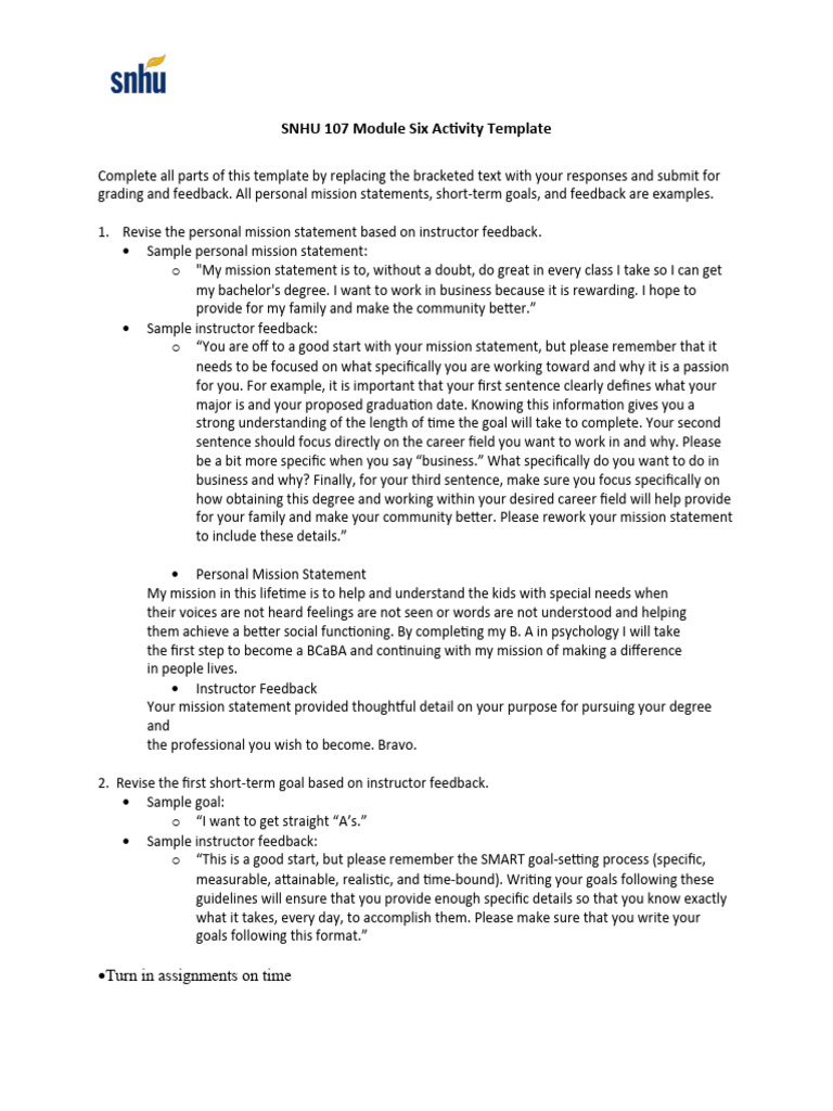 SNHU 107 Module Six Activity Template | PDF | Goal | Goal Setting
