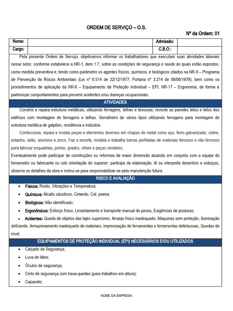 Ordem de Serviço NR 01 - Segurança do Trabalho | PDF