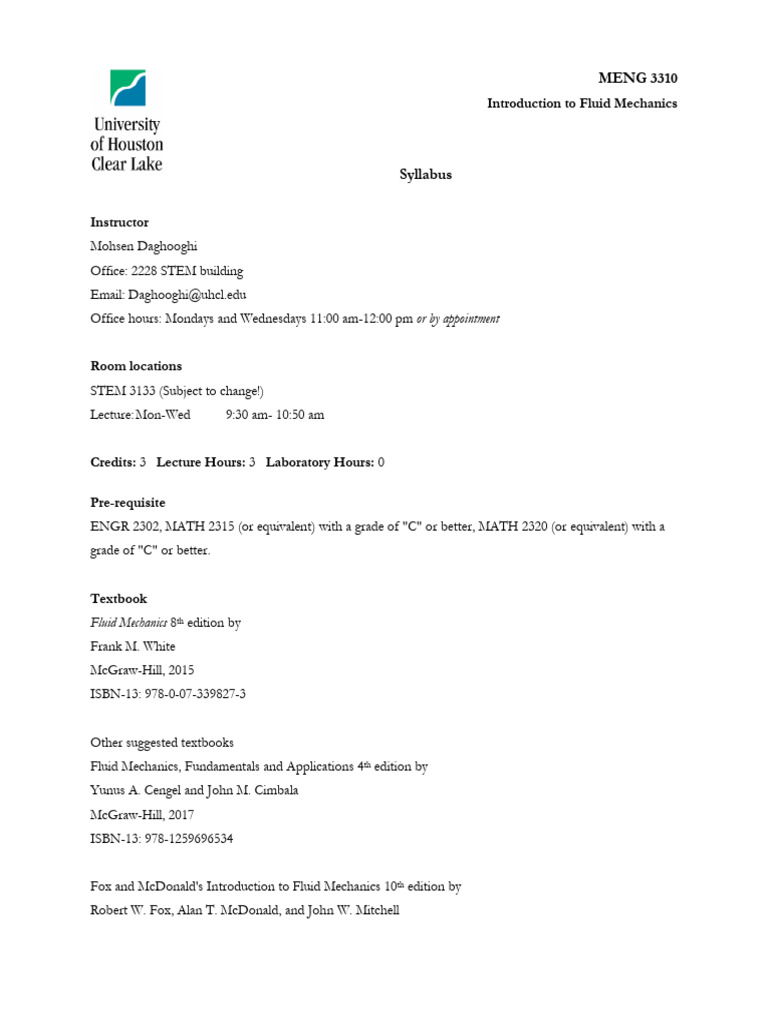 MENG 3310 Syllabus PDF Fluid Dynamics Fluid Mechanics