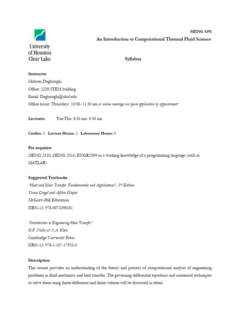 MENG4391 Syllabus PDF Partial Differential Equation Numerical