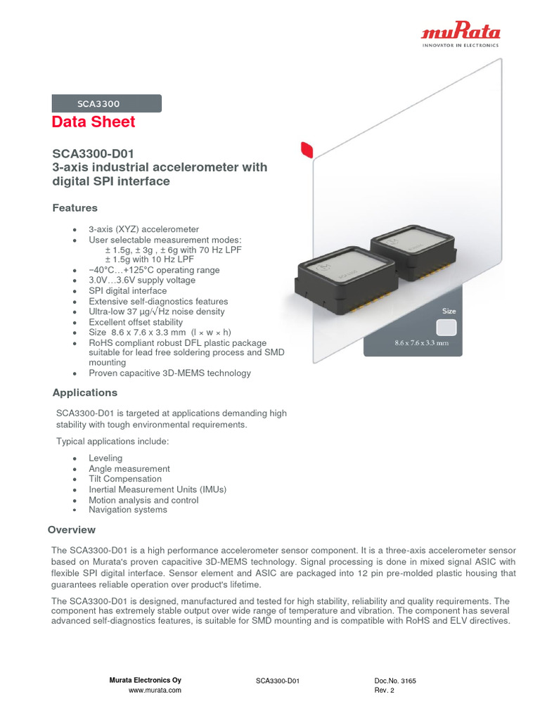 Datasheet Sca3300D01 PDF Accelerometer Sensor