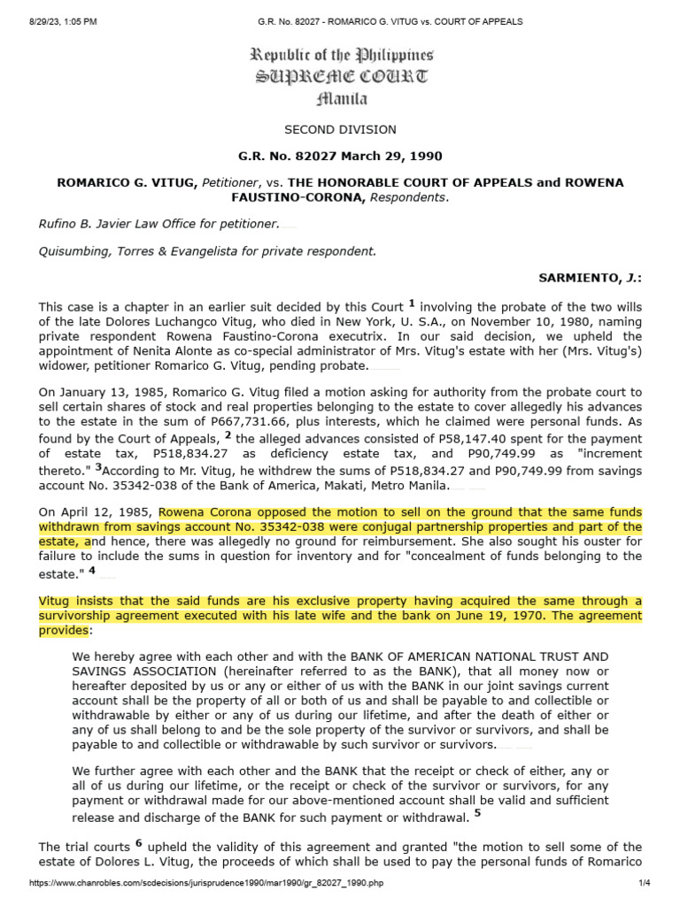 028 Vitug v. CA, G.R. No. 82027 | PDF | Concurrent Estate | Banks