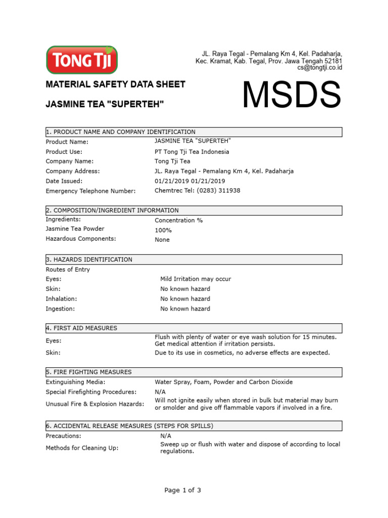 MSDS Jasmine Tea Superteh PDF Hazards Firefighting
