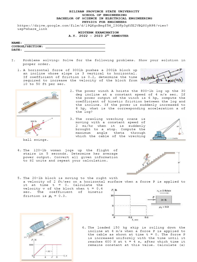 Physics Midterm Exam for Engineers | PDF | Force | Newton's Laws Of Motion