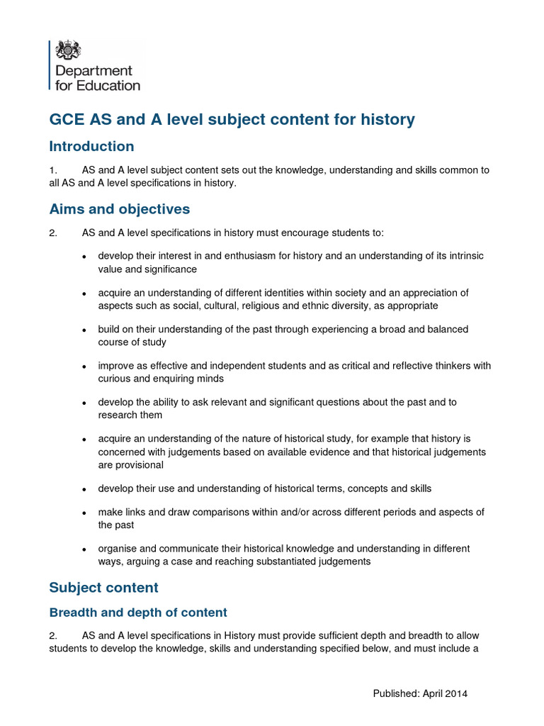 A Level History Subject Content | PDF | Understanding | Knowledge