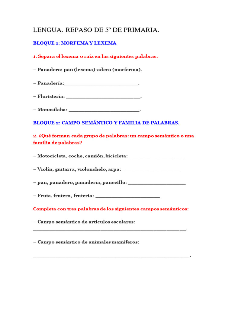 Repaso de Lengua 5º Primaria: Morfología y Ortografía | PDF | Artes del ...