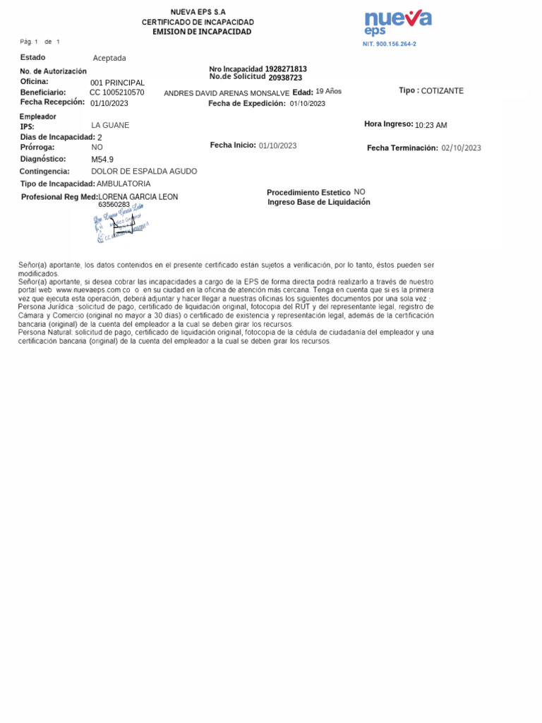 Certificado de Incapacidad Nueva EPS | PDF
