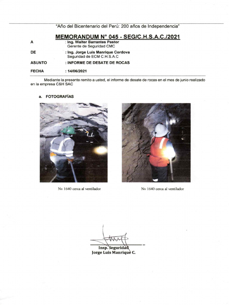 Informe de Desate de Rocas Junio CH | PDF