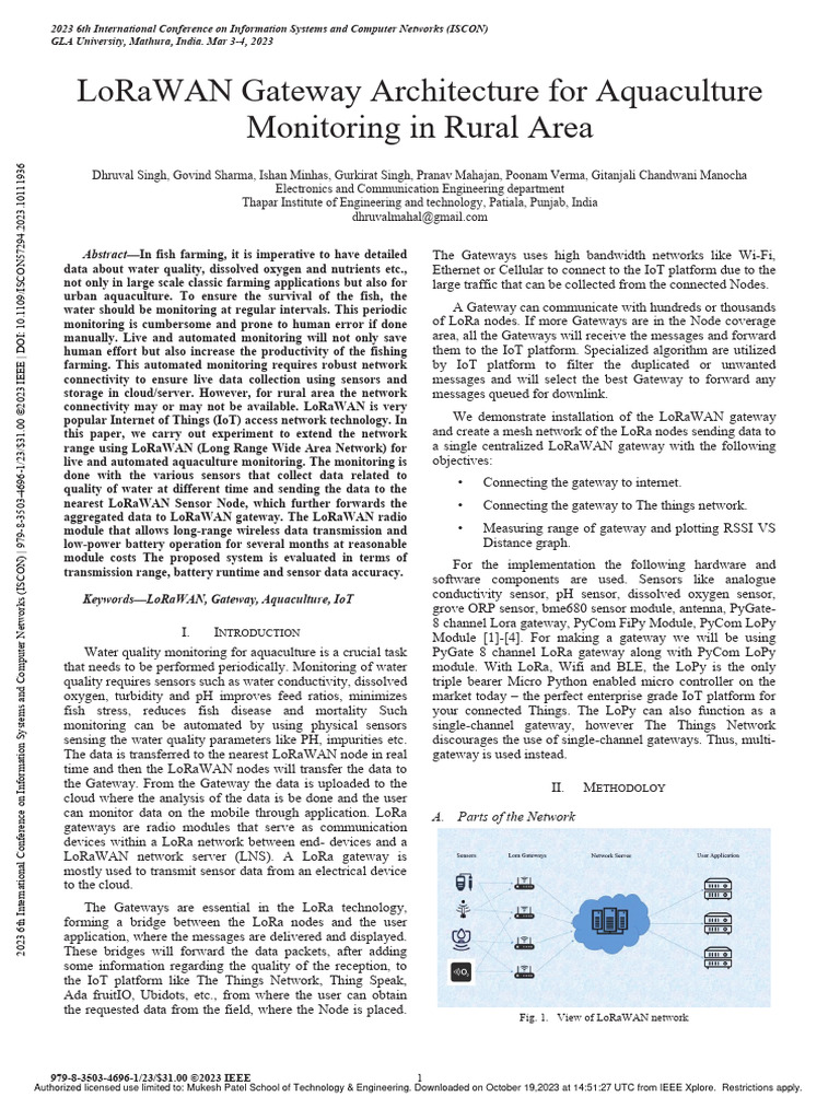 LoRaWAN Gateway Architecture For Aquaculture Monitoring in Rural Area | PDF