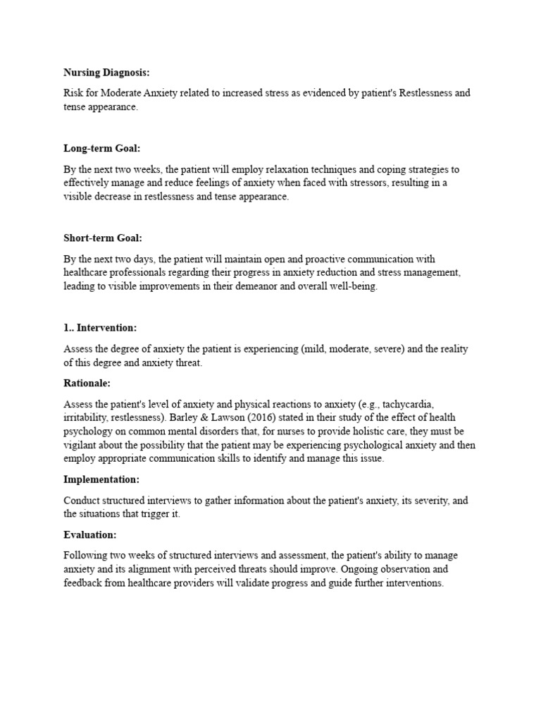 Nursing Care for Moderate Anxiety Management | PDF | Anxiety | Nursing