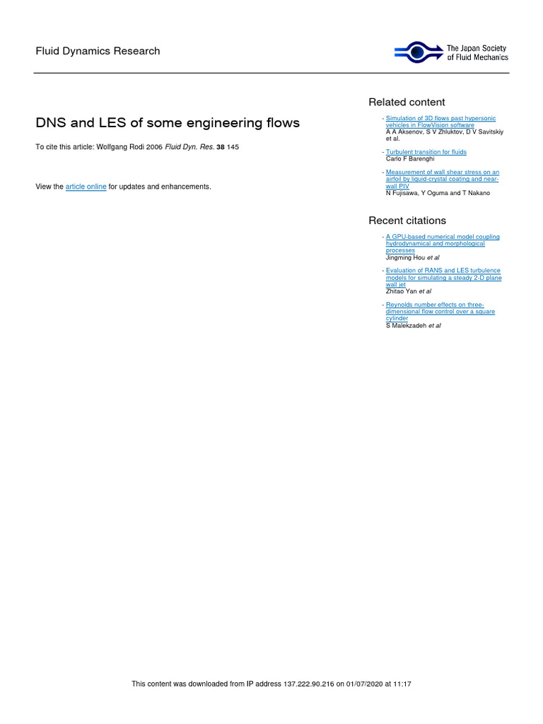 Wolfgang Rodi2006DNSLESengineering Flow PDF Fluid Dynamics
