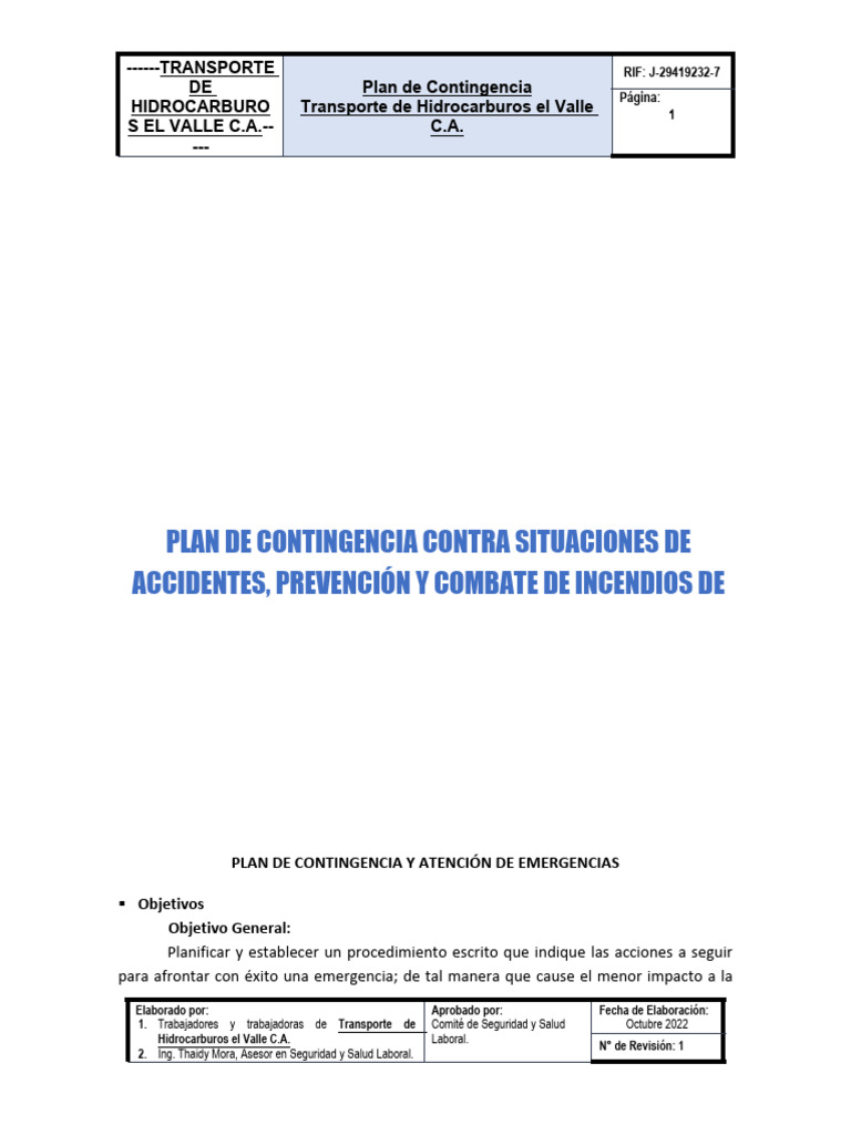 Plan de Contingencia THV | PDF | Seguridad y salud ocupacional | Emergencia