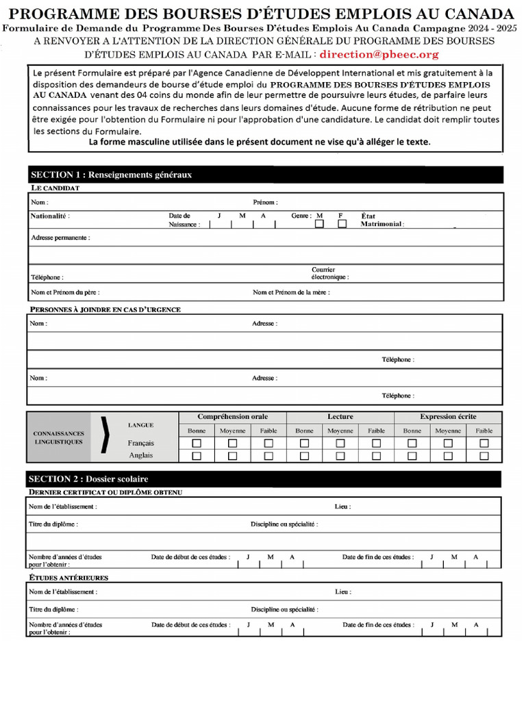 Formulaire Bourse Detude Emploi 20242025 PDF