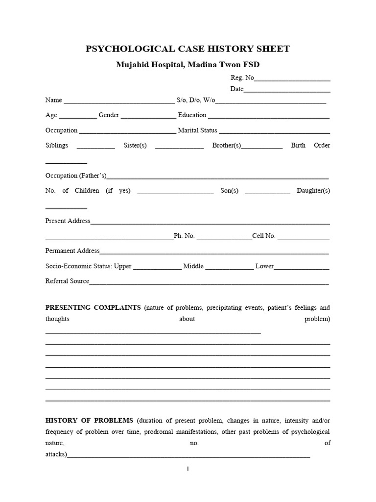 Mujahid Hospital Psychological Case Sheet | PDF