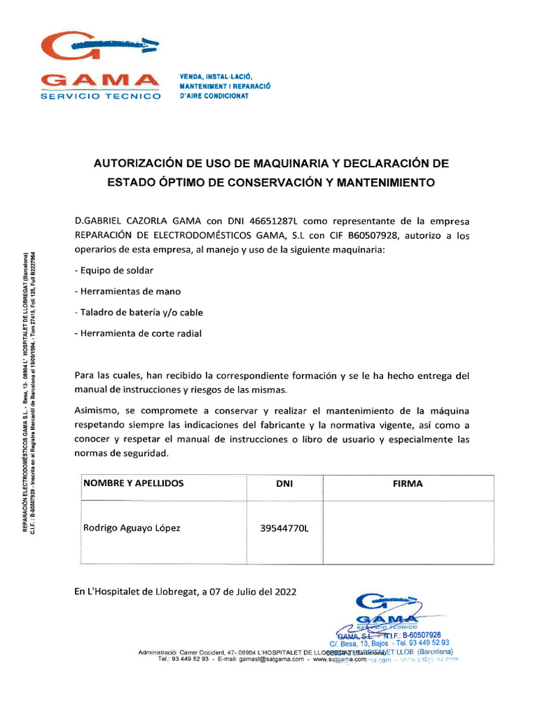 Autorizacion Uso de Maquinaria A RA 07 - 07 - 2022 | PDF