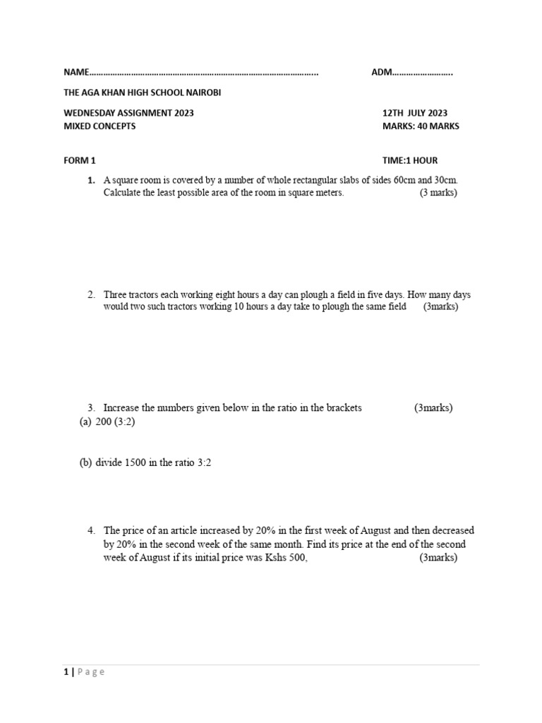 Form 1 Math Assignment Pdf Private Sector Market Economics