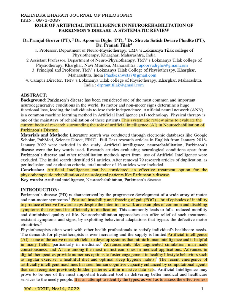 Role Of Artificial Intelligence In Neurorehabilitation Of Parkinson S