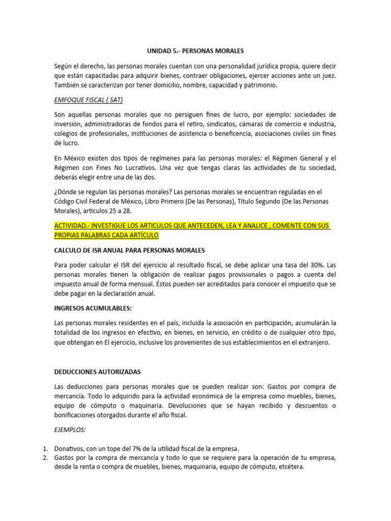 Unidad 5 Personas Morales | PDF | Impuesto sobre la renta | Economias