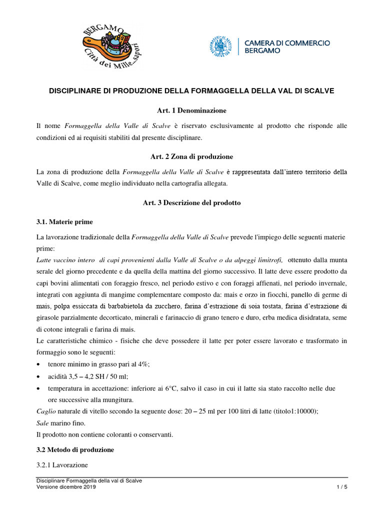 Disciplinare Di Produzione Della Formaggella Della Val Di Scalve PDF
