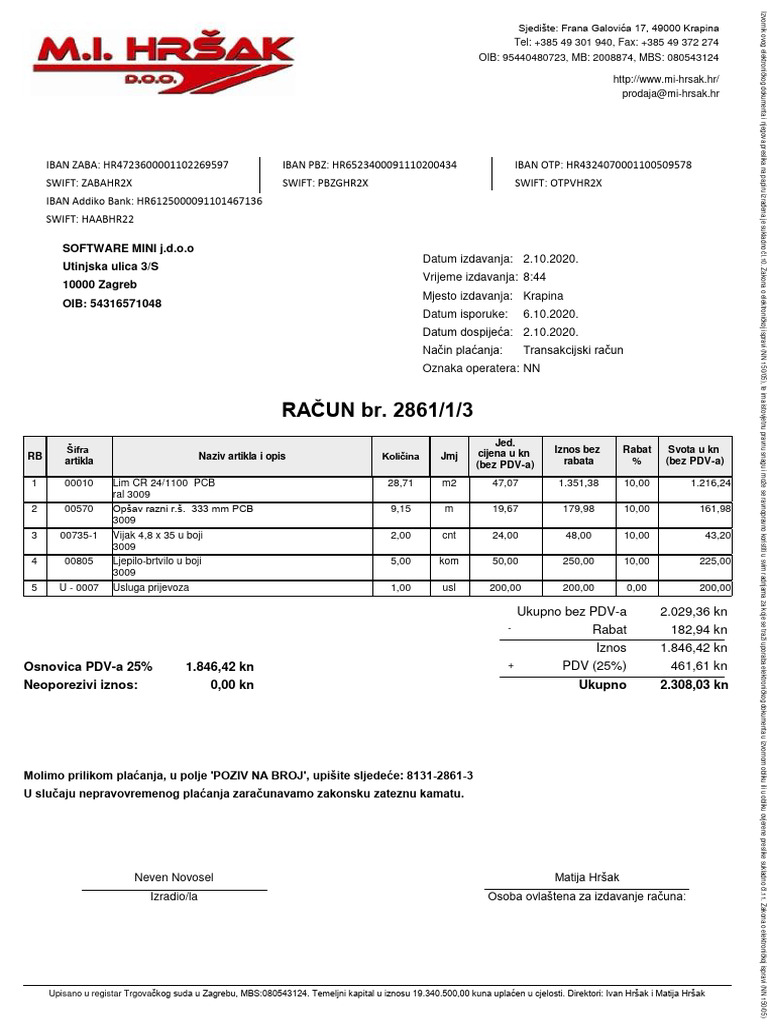 RAČUN Br. 2861/1/3 SOFTWARE MINI J.D.O.O Utinjska Ulica 3/S 10000