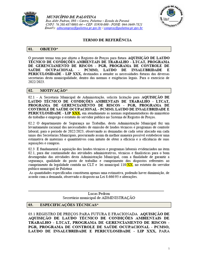 Termo De Referência Para Ltcat Lip Pgr Pcmso 2022 Pdf Contabilidade