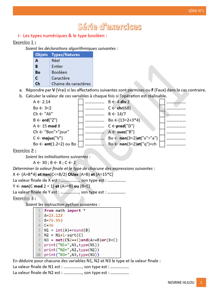 Exercices sur types et algorithmes Python | PDF