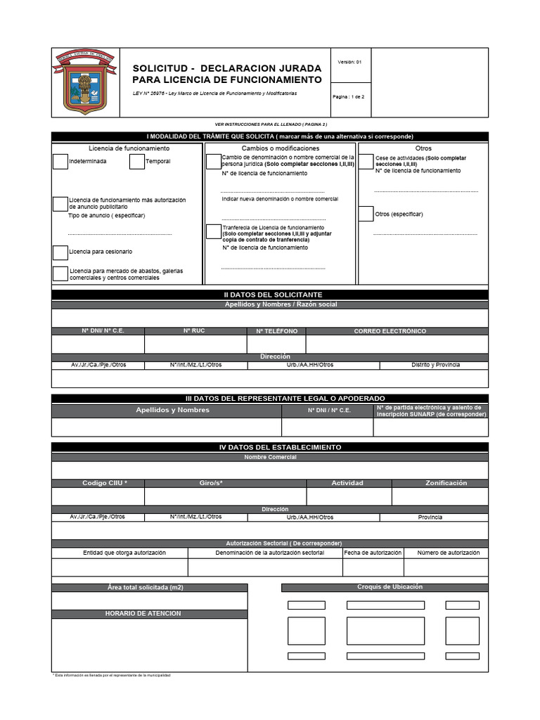Solicitud-Declaracion Jurada para Licencia de Funcionamiento | PDF