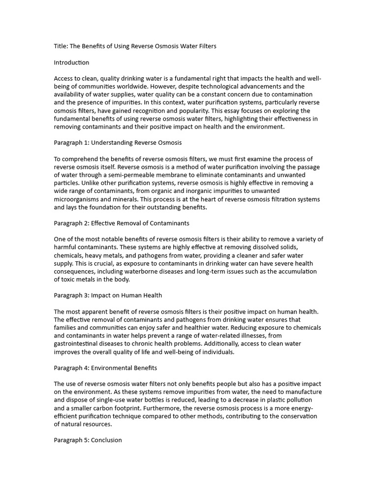 The Benefits of Using Reverse Osmosis Water Filters PDF Water