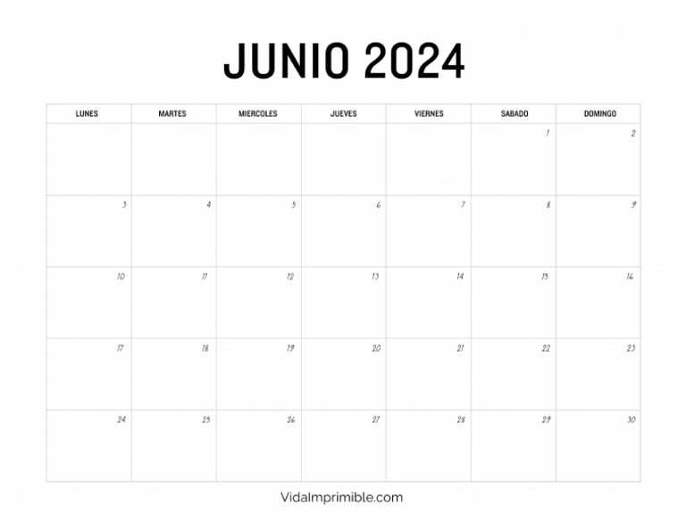 Calendario Imprimible Junio 2024 PDF