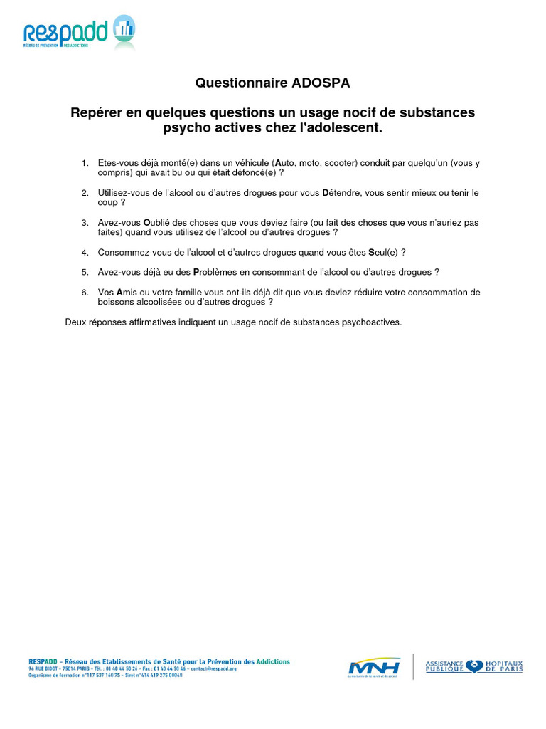 Questionnaire sur l'usage nocif chez les ados | PDF