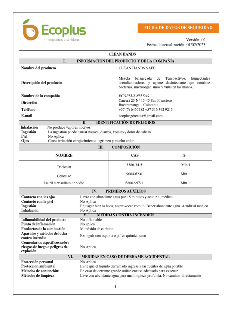 FDS CLEAN HANDS (Jabón Liquido Manos) | PDF | Agua | Sustancias químicas