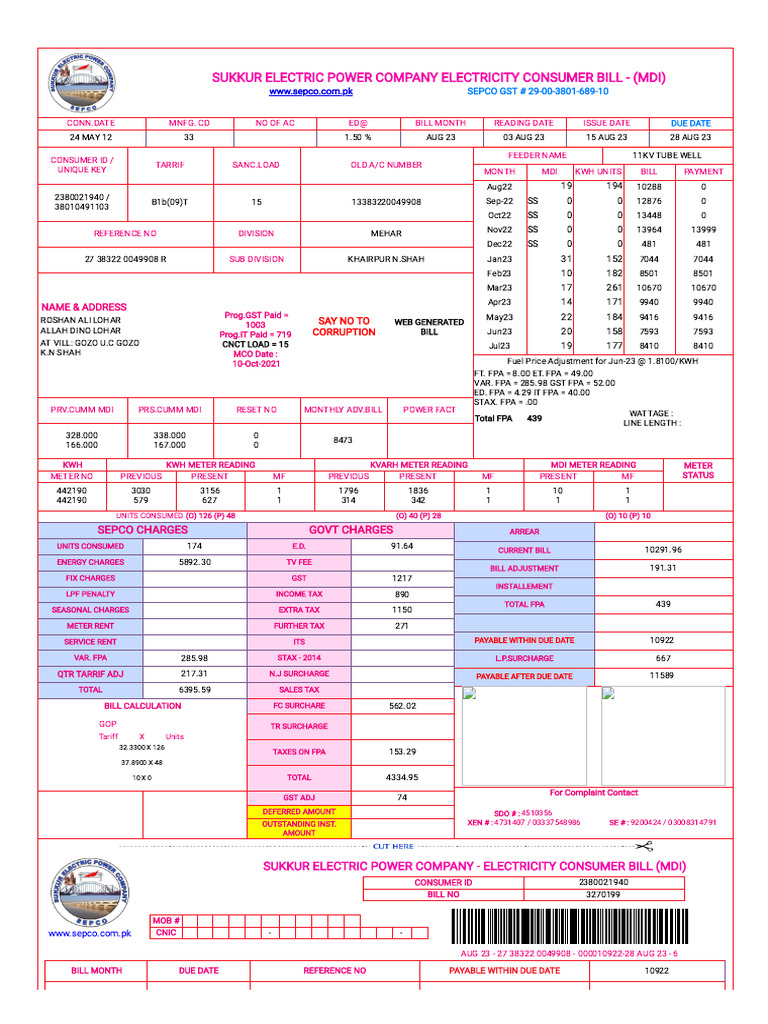 Sukkur Electric Power Company Electricity Consumer Bill - (Mdi) | PDF ...