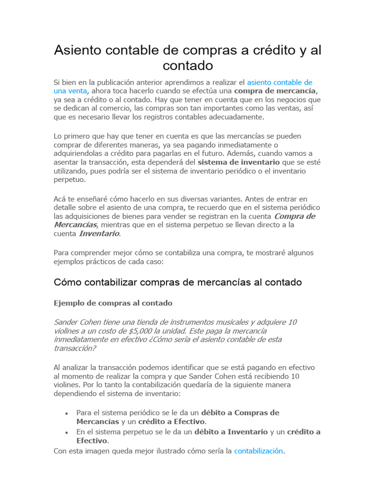 Asiento Contable De Compras A Crédito Y Al Contado Pdf Contabilidad