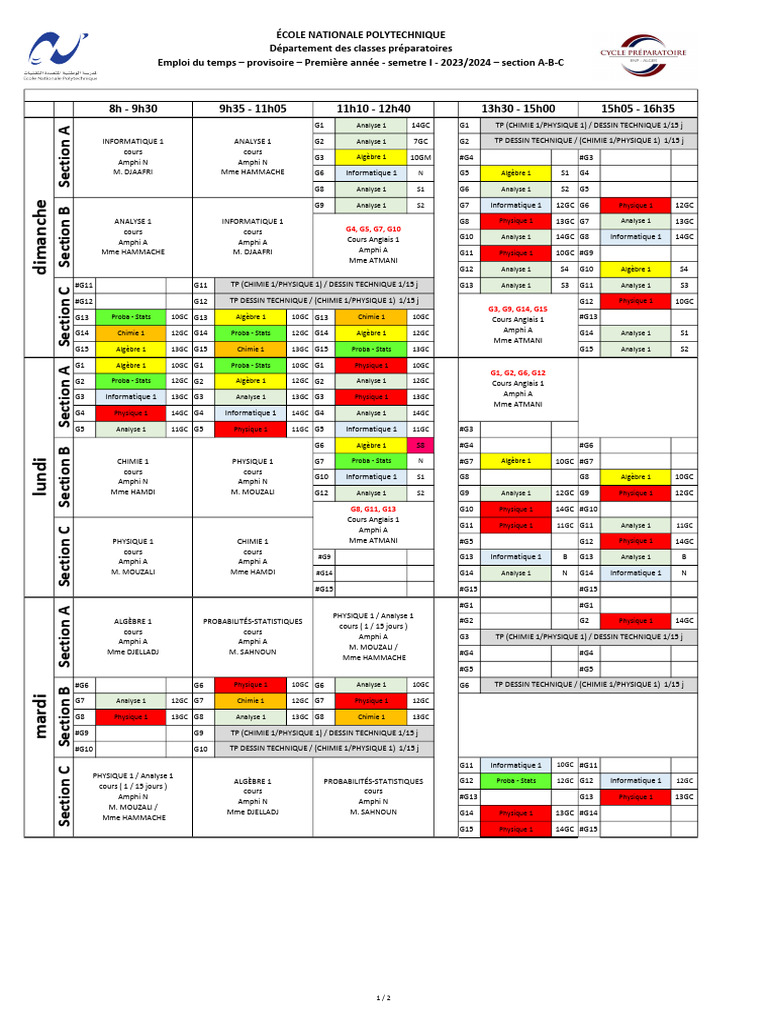 Emploi du temps Première Générale 2023 PDF — free download