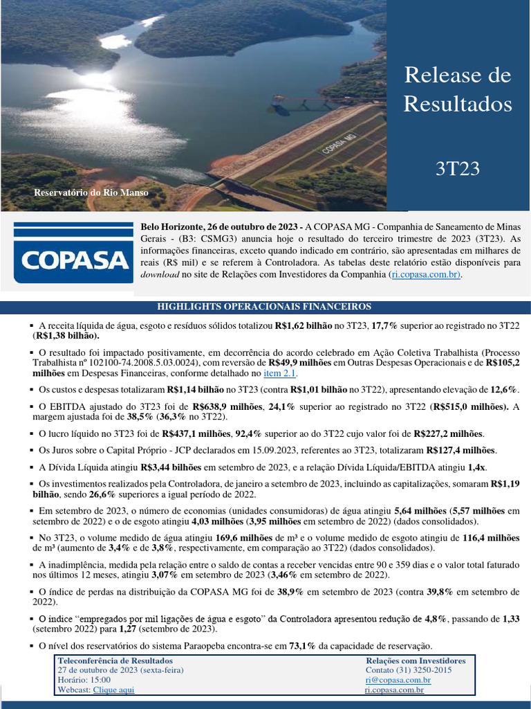 Copasa informa que Plano de Desligamento Voluntário teve 736 adesões