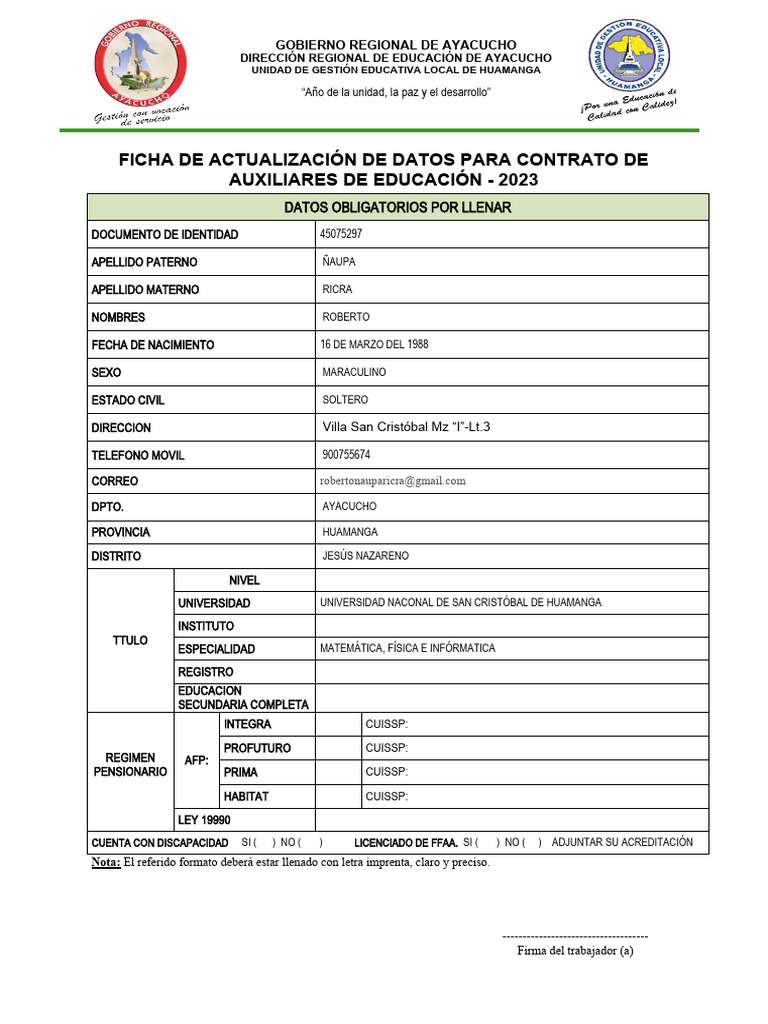 Ficha De Actualizacion De Datos Nexus 2023 Pdf