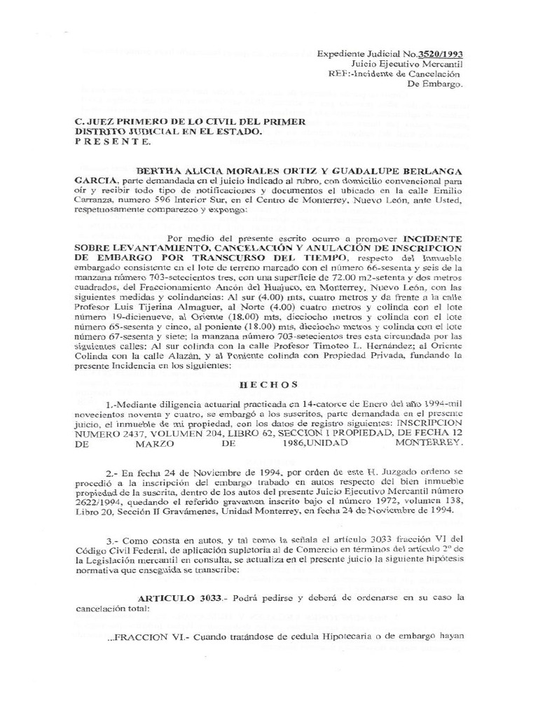 Alfredo Garza (Cancelacion de Embargo) Incidente PDF