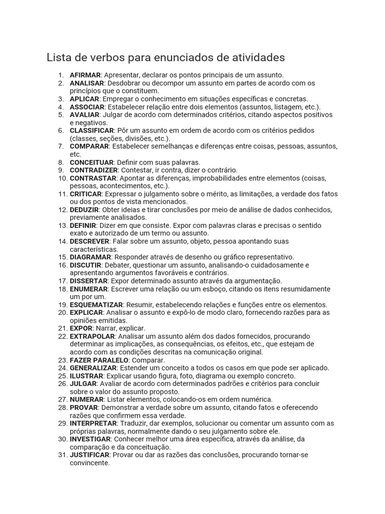 Lista de Verbos para Enunciados de Atividades | PDF | Verdade