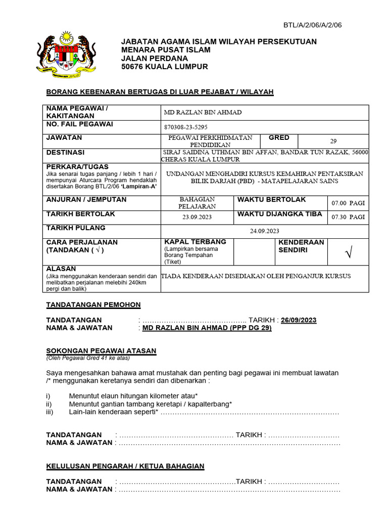 Borang Kebenaran Bertugas Diluar Pejabat Pdf