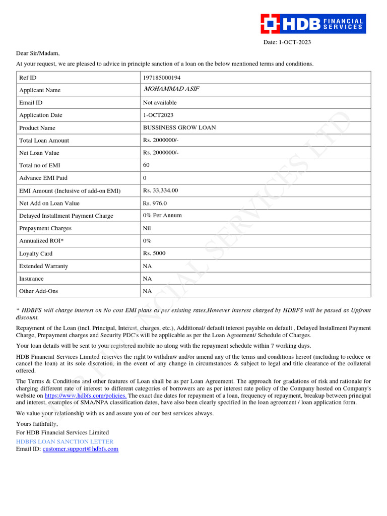 Sanction Letter | PDF | Loans | Interest