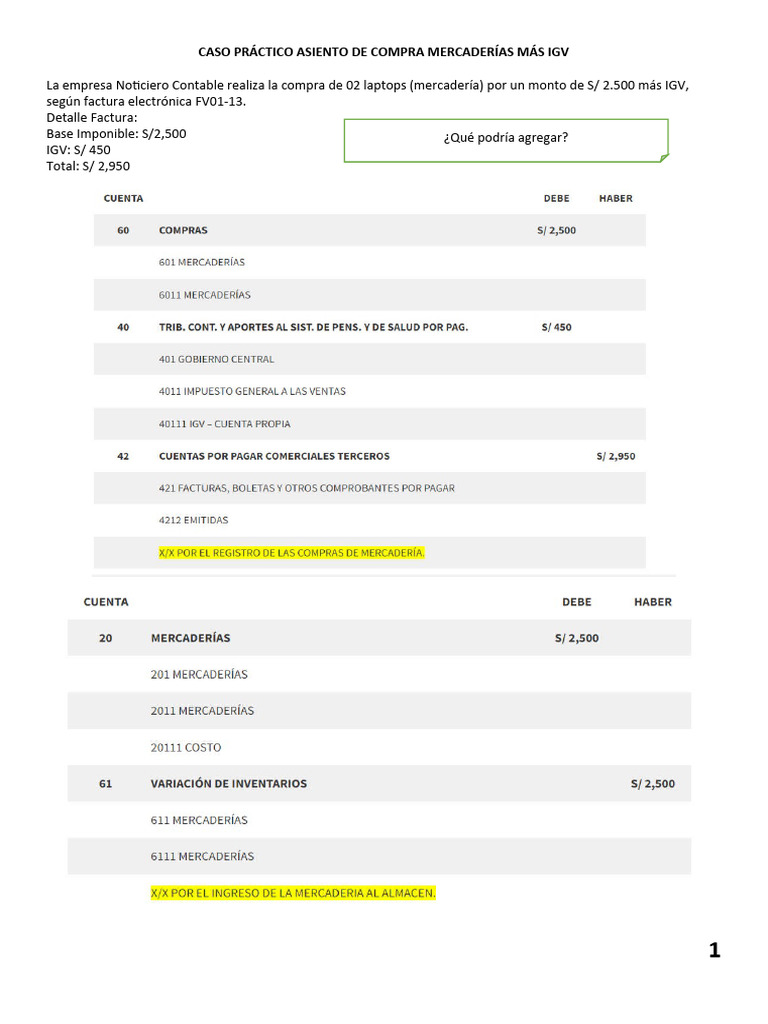Caso Práctico Asiento De Compra Mercaderías Más Igv Pdf