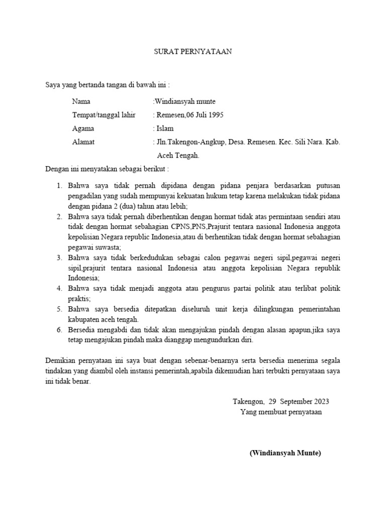 Surat Pernyataan P3K Ayu | PDF