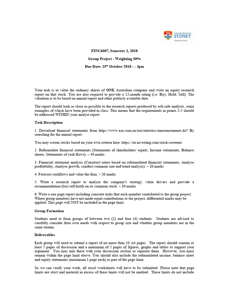 Group Assignment Finc6007 S2 2018 Download Free Pdf Financial