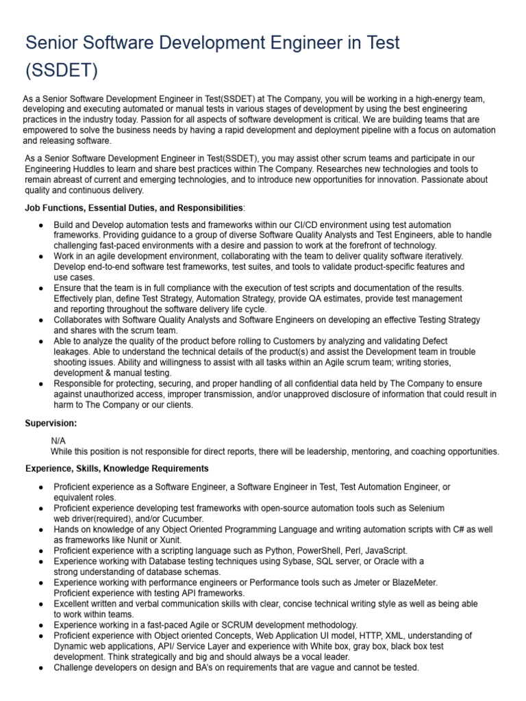 Senior Software Development Engineer in Test (SSDET) | PDF | Agile ...